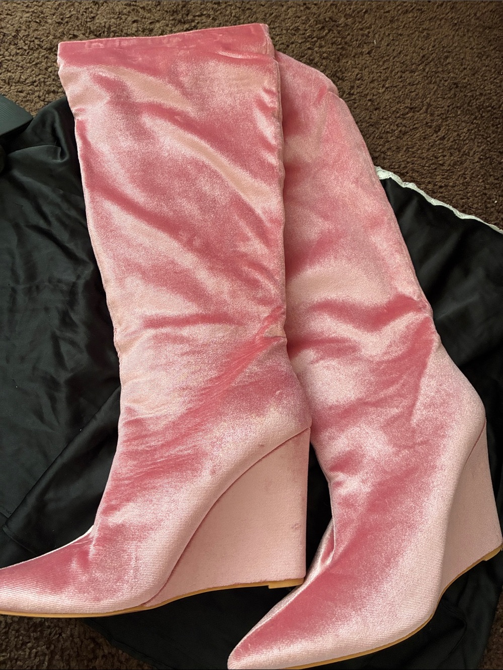 Pink Velvet Wedge Knee-High Boots